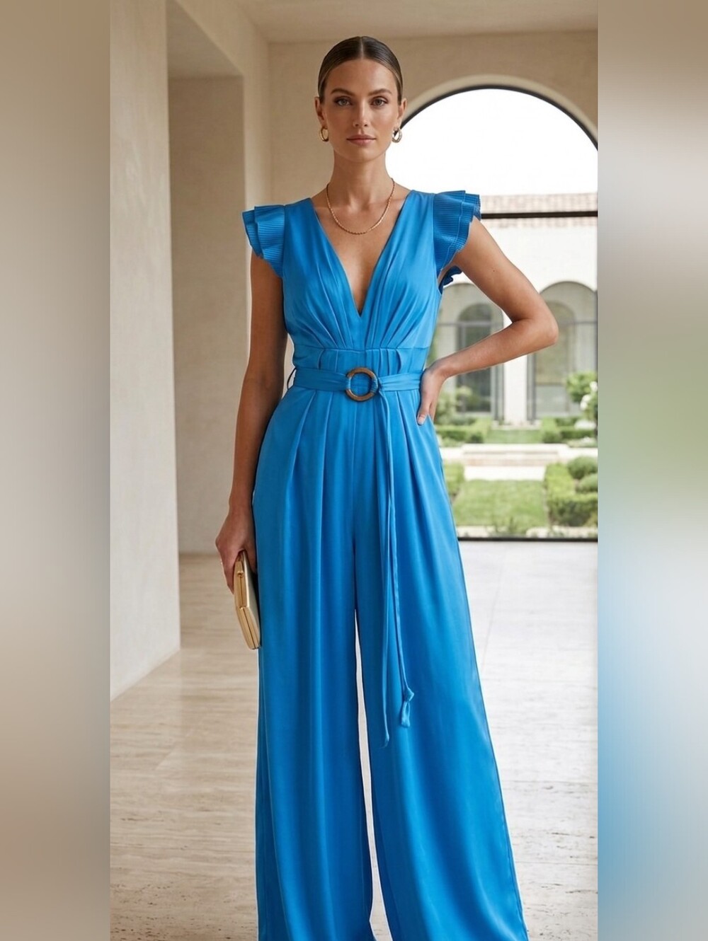 Bright Blue V-Neck Wide-Leg Jumpsuit with Belt